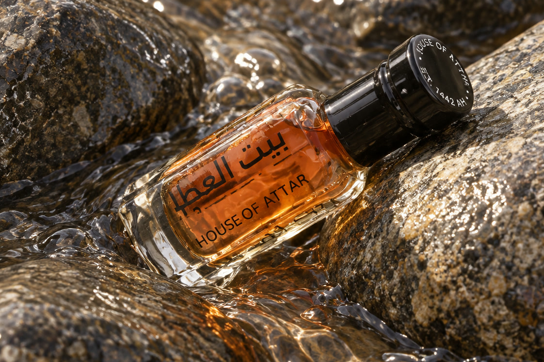 A House of Attar roll-on bottle of amber attar resting on wet stones in running water